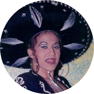 Cropped photo of Sherie Van Crawford, Miss Gay Escandalo 1995, wearing a sombrero