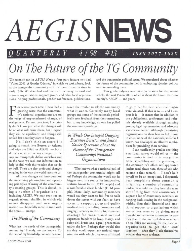Download the full-sized PDF of AEGIS News, No. 13 (April, 1998)