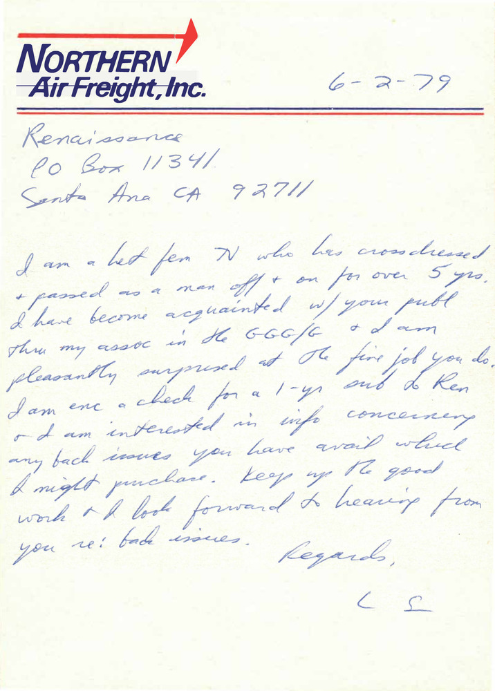 Download the full-sized PDF of Correspondence from Lou Sullivan to Renaissance (June 2, 1979)