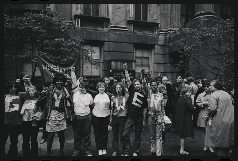 Download the full-sized image of A Photograph of Demonstrators at New York City Hall Featuring Sylvia Rivera and Marsha P. Johnson