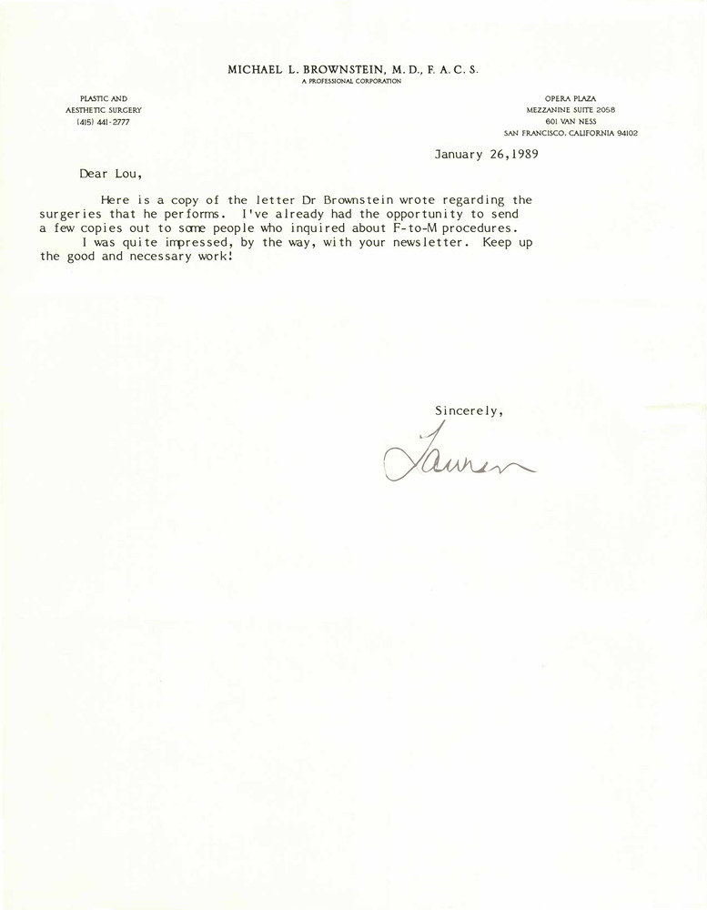 Download the full-sized PDF of Correspondence from Michael Brownstein to Lou Sullivan (January 26, 1989)