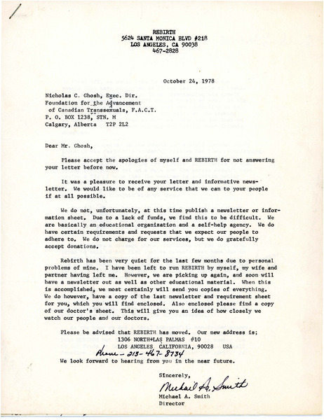 Download the full-sized image of Letter from Michael A. Smith to Rupert Raj (October 24, 1978)