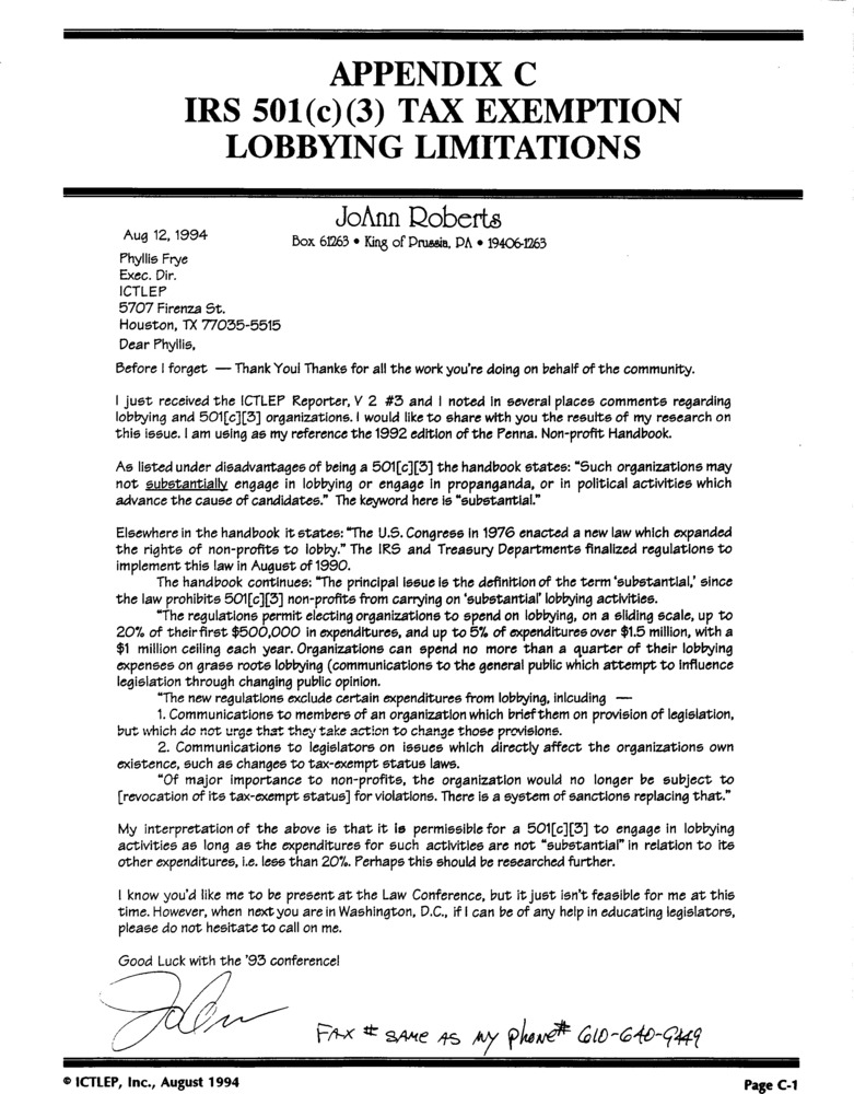 Download the full-sized PDF of Appendix C: IRS 501(c)(3) Tax Exemption Lobbying Limitations