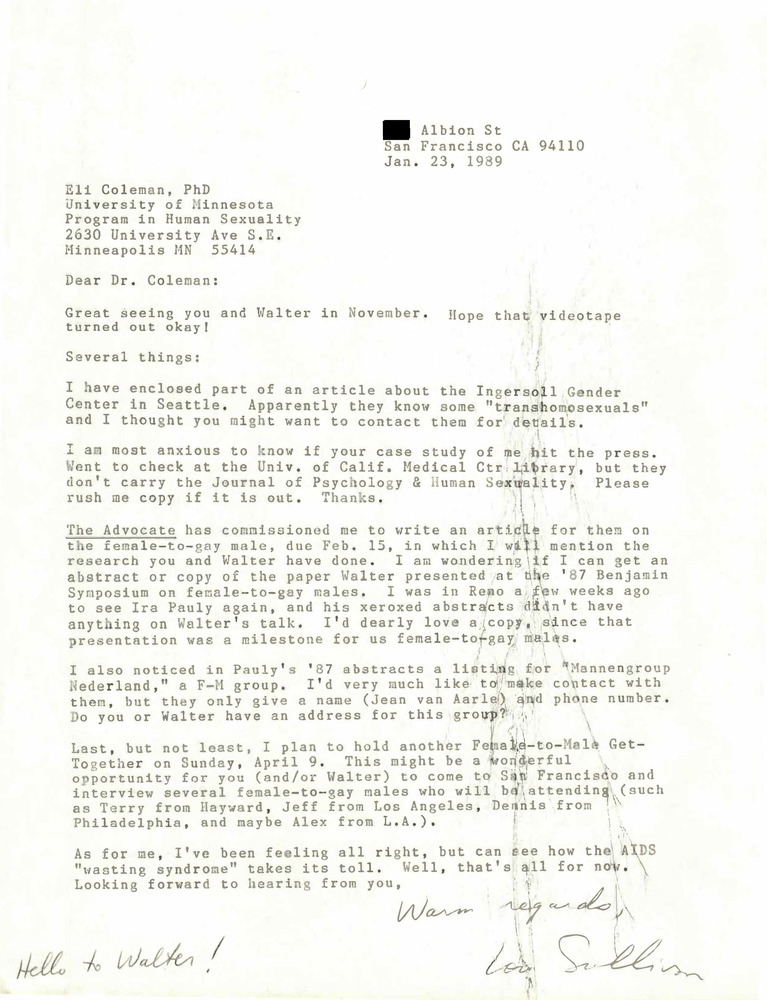 Download the full-sized PDF of Correspondence from Lou Sullivan to Eli Coleman (January 23, 1989)