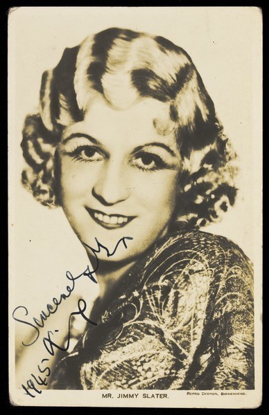 Download the full-sized image of Jimmy Slater in drag. Photographic postcard, 1945.