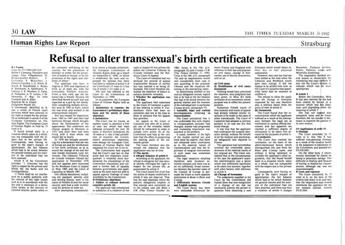 Download the full-sized image of Refusal to Alter Transsexual's Birth Certificate a Breach