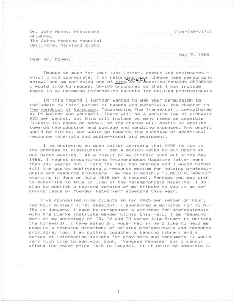 Download the full-sized image of Letter from Rupert Raj to Dr. Money (May 9, 1988)
