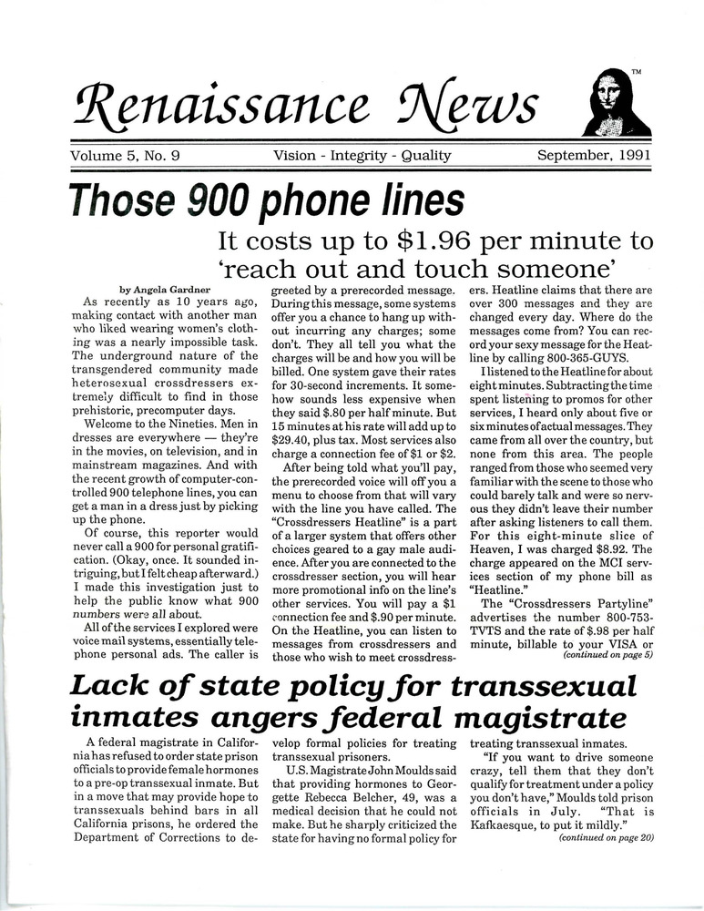 Download the full-sized PDF of Renaissance News, Vol. 5 No. 9 (September 1991)