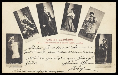 Download the full-sized image of Gustav Luzernow, an actor, in drag, posing in several small inset portraits. Process print, 1907.