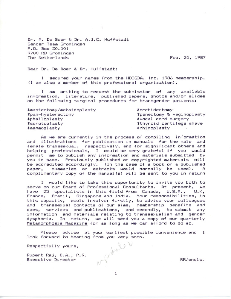 Download the full-sized PDF of Letter from Rupert Raj to Dr. A. De Boer & Dr. A.J.C. Huffstadt (February 20, 1987)