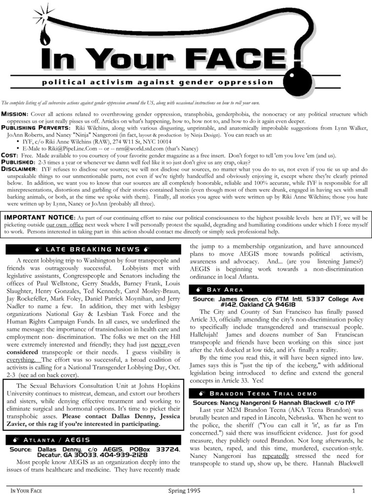 Download the full-sized PDF of In Your Face No. 1 (Spring 1995)
