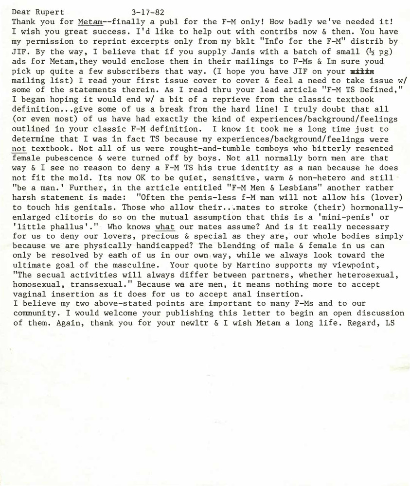 Download the full-sized PDF of Correspondence from Lou Sullivan to Rupert Raj (March 17, 1982)