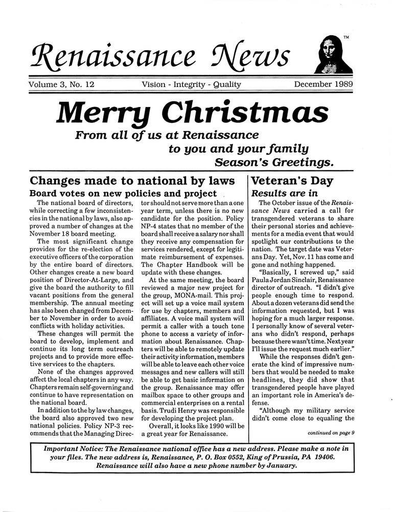 Download the full-sized PDF of Renaissance News, Vol. 3 No. 12 (December 1989)