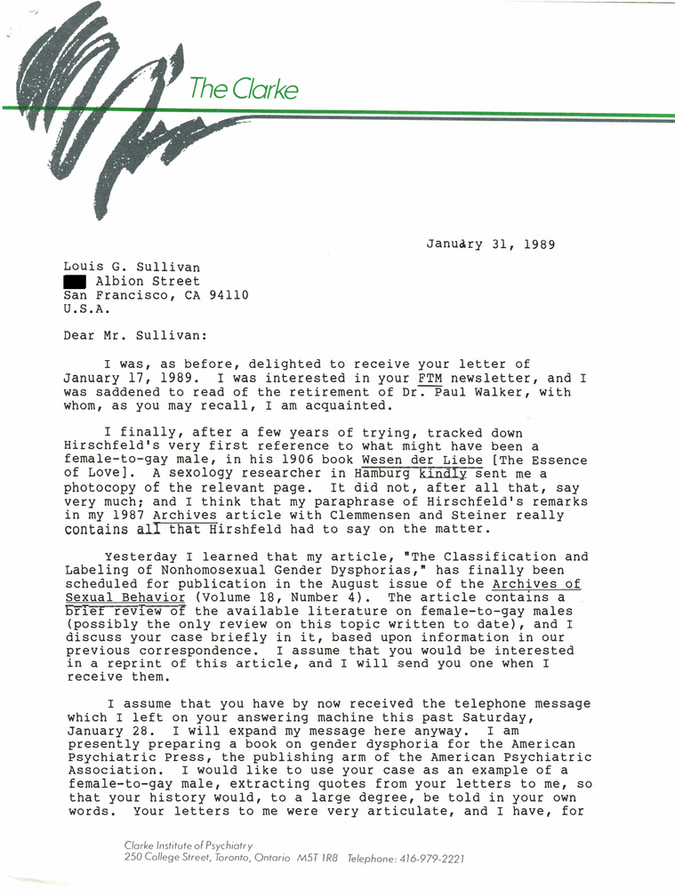 Download the full-sized PDF of Correspondence from Ray Blanchard to Lou Sullivan (January 31, 1989)