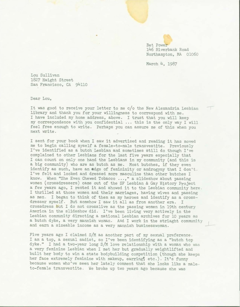 Download the full-sized PDF of Letter from Bet Power to Lou Sullivan (March 4, 1987)