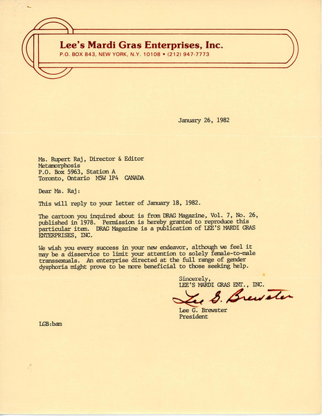 Download the full-sized image of Letter from Lee Brewster to Rupert Raj (January 26, 1982)