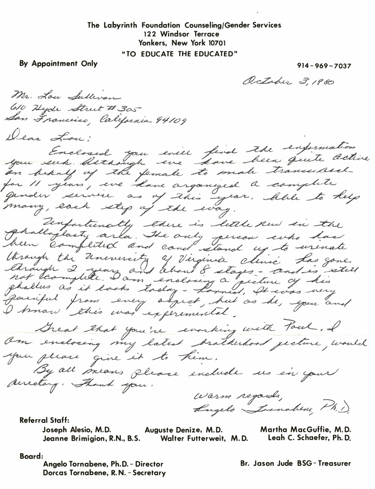 Download the full-sized PDF of Correspondence from Angelo Tornabene to Lou Sullivan (October 3, 1980)