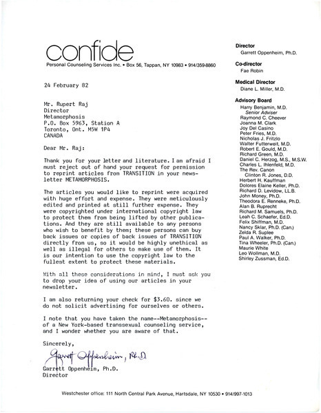 Download the full-sized image of Letter from Garrett Oppenheim to Rupert Raj (February 24, 1982)