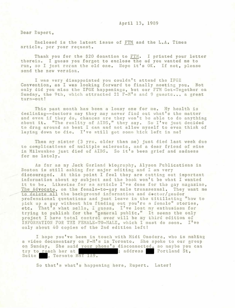Download the full-sized PDF of Correspondence from Lou Sullivan to Rupert Raj (April 13, 1989)
