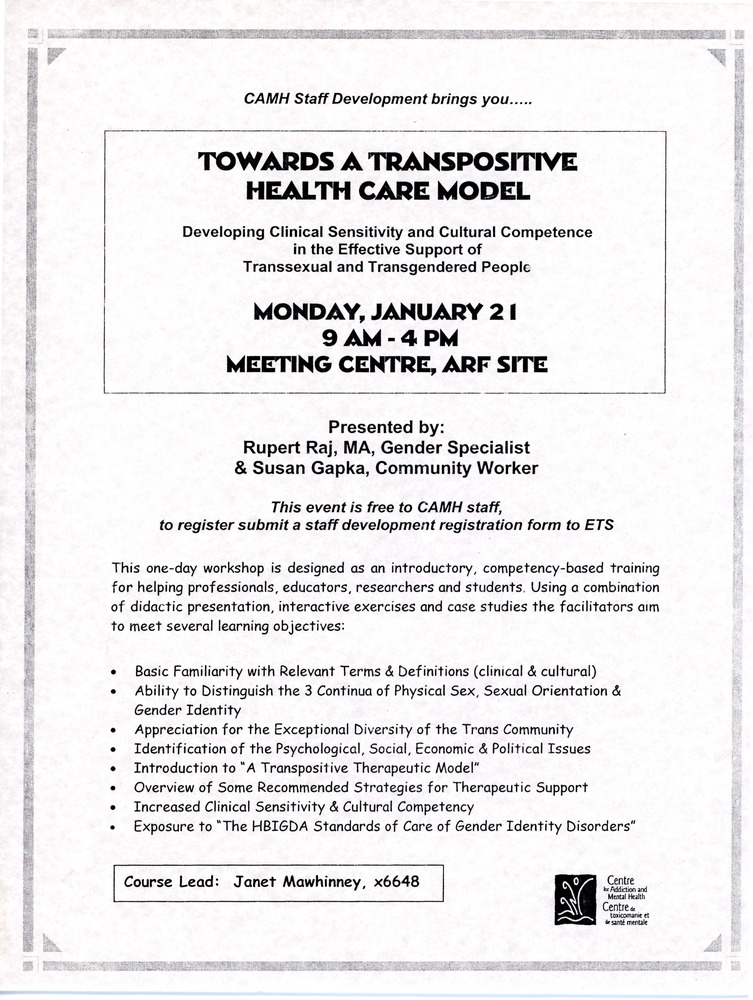 Download the full-sized PDF of Flyer for Towards a Transpositive Health Care Model Workshop