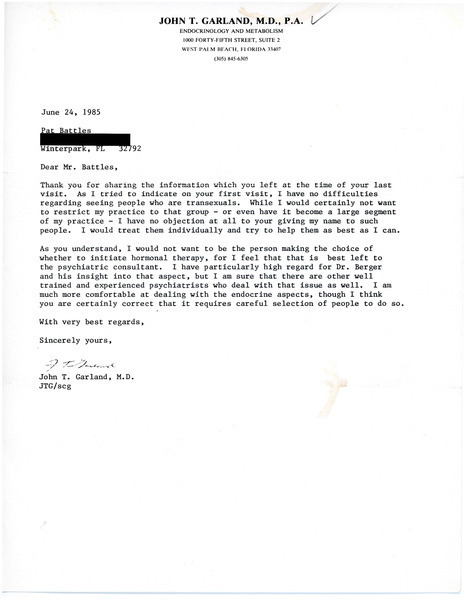 Download the full-sized image of Letter from Dr. John T. Garland to Pat Battles (June 24, 1985)