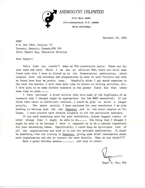 Download the full-sized image of Letter from Roger E. Peo to Rupert Raj (December 18, 1984)