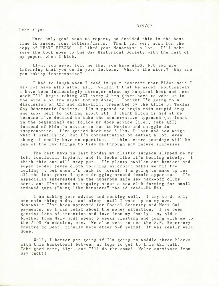 Download the full-sized PDF of Correspondence from Lou Sullivan to Alyn Hess (March 9, 1987)