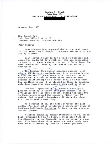 Download the full-sized image of Letter from Joanna M. Clark to Rupert Raj (October 28, 1987)