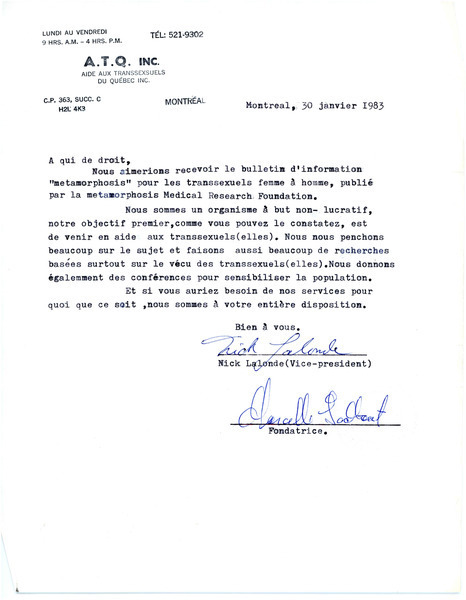 Download the full-sized image of Letter from Nick Lalonde and Fondatrice to Rupert Raj (January 30, 1983)