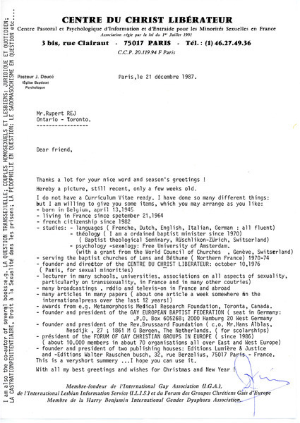 Download the full-sized image of Letter from Pasteur J. Doucé to Rupert Raj (December 12, 1987)