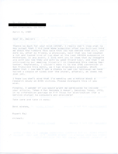 Download the full-sized image of Letter from Rupert Raj to Dr. Paul A. Walker (April 4, 1989)
