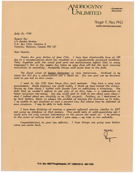 Download the full-sized image of Letter from Roger E. Peo to Rupert Raj (July 26, 1988)