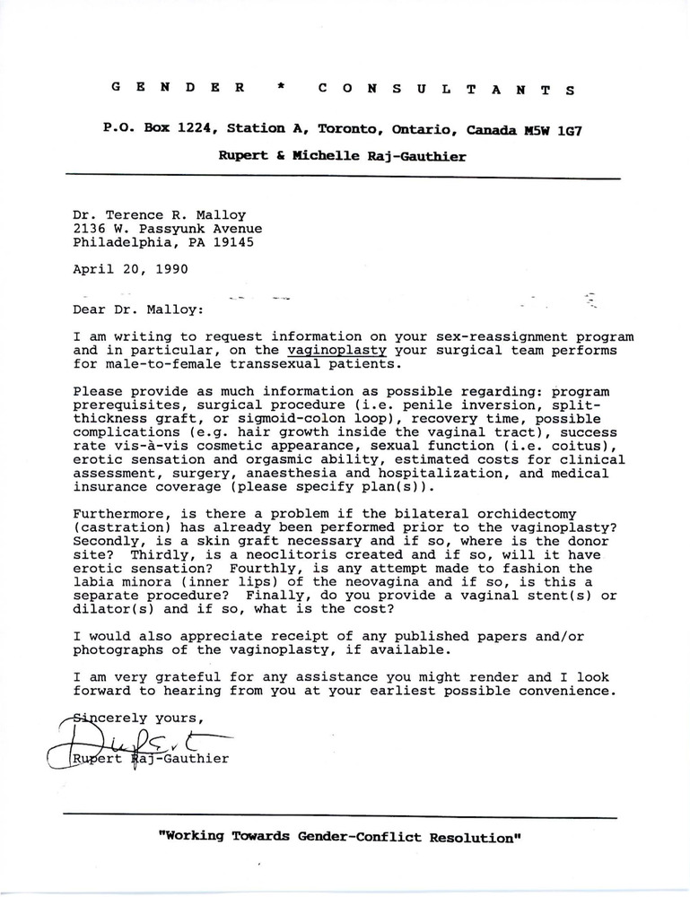 Download the full-sized PDF of Letter from Rupert Raj to Dr. Terrence R. Malloy (April 20, 1990)