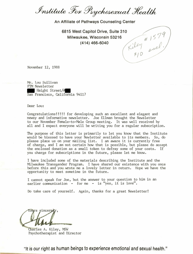 Download the full-sized PDF of Correspondence from Charles Kiley to Lou Sullivan (November 12, 1988)