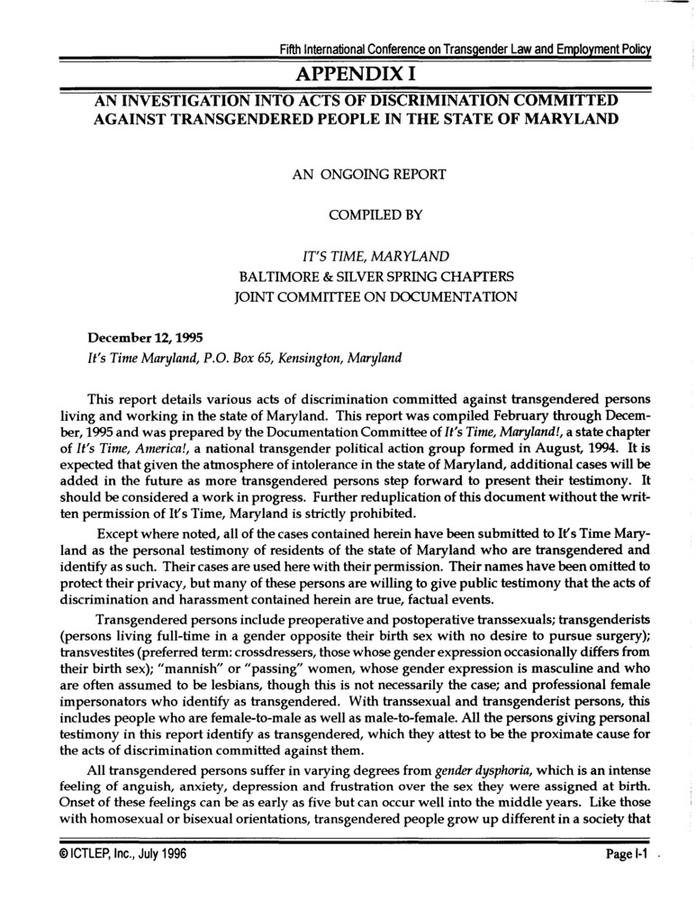 Download the full-sized PDF of Appendix I: An Investigation into Acts of Discrimination Committed Against Transgendered People in the State of Maryland