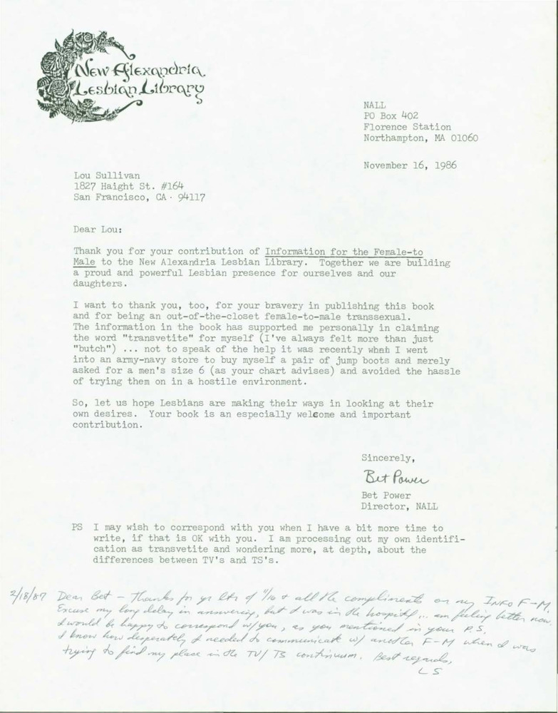 Download the full-sized PDF of Letter from Bet Power to Lou Sullivan (November 16, 1986)