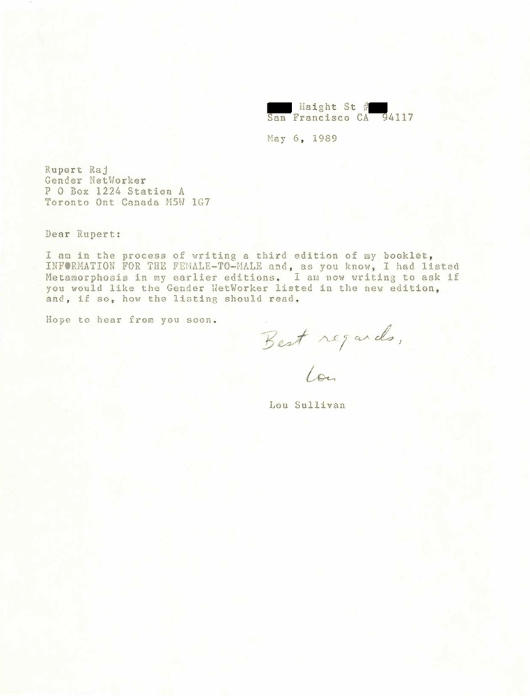 Download the full-sized PDF of Correspondence from Lou Sullivan to Rupert Raj (May 6, 1989)