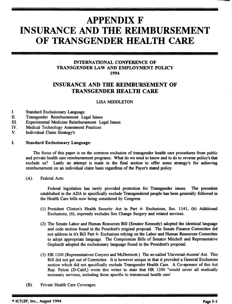Download the full-sized PDF of Appendix F: Insuranace and the Resimbursement of Transgender Health Care