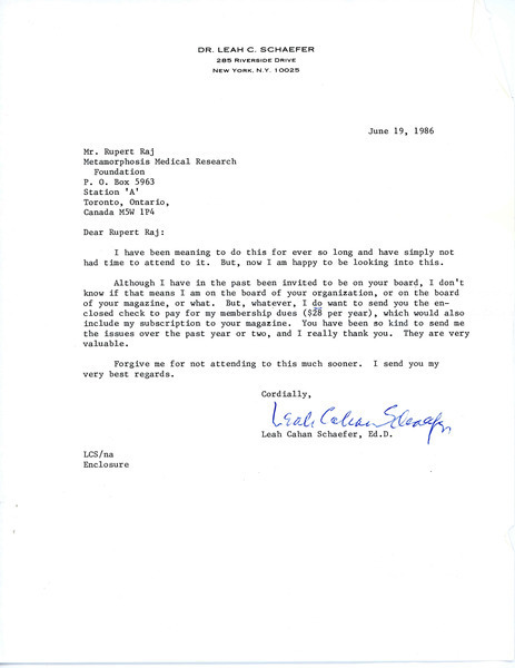 Download the full-sized image of Letter from Leah C. Schaefer to Rupert Raj (June 19, 1986)
