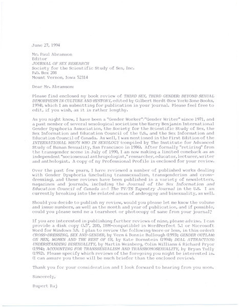 Download the full-sized image of Letter from Rupert Raj to Paul Abramson (June 27, 1994)