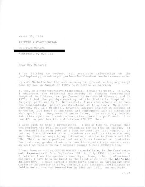 Download the full-sized image of Letter from Rupert Raj to Dr. Yves Menard (March 25, 1994)