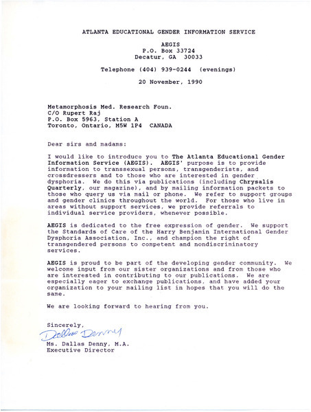 Download the full-sized image of Letter from Dallas Denny to Metamorphosis Medical Research Foundation (November 20, 1990)