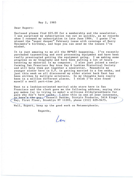 Download the full-sized image of Letter from Lou Sullivan to Rupert Raj (May 5, 1985)