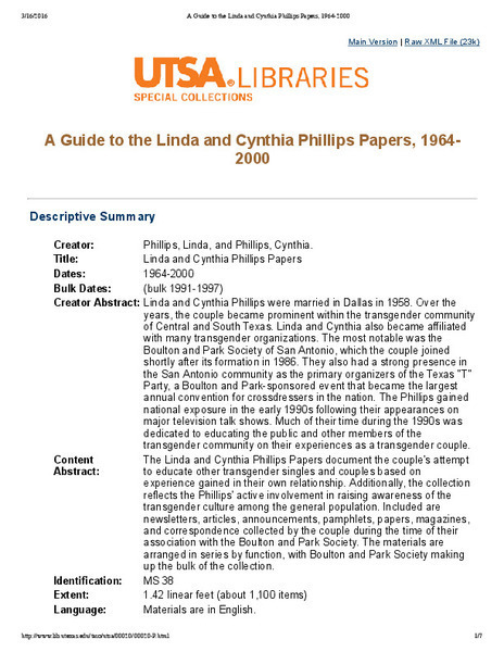 Download the full-sized image of A Guide to the Linda and Cynthia Phillips Papers, 1964-2000