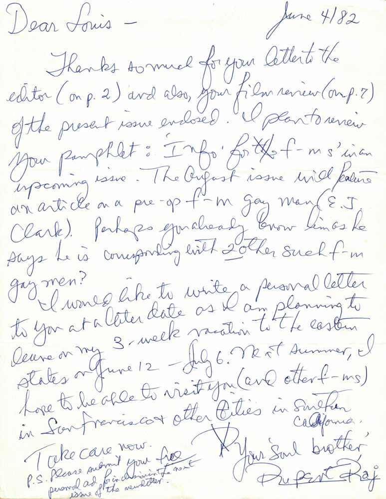 Download the full-sized PDF of Correspondence from Rupert Raj to Lou Sullivan (June 4, 1982)