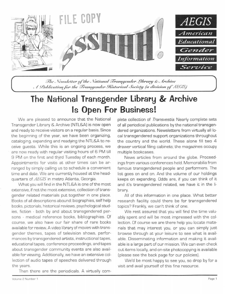 Download the full-sized PDF of Ssshhh!: The Newsletter of the National Transgender Library & Archive Vol. 2 No. 1 (1995)