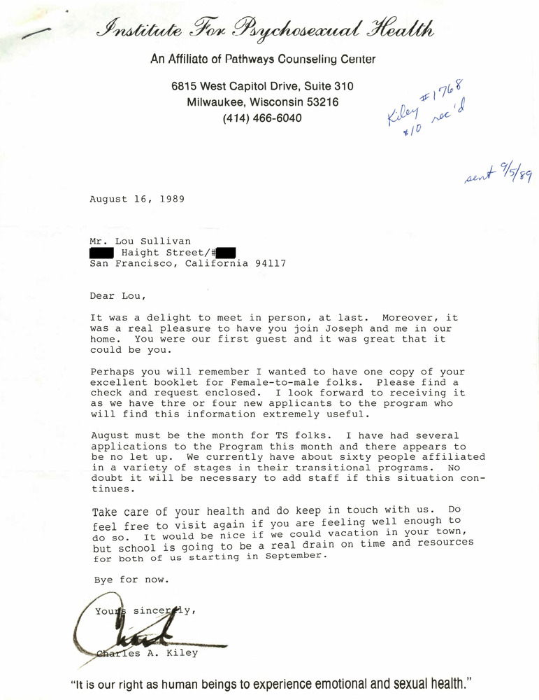 Download the full-sized PDF of Correspondence from Charles Kiley to Lou Sullivan (August 16, 1989)
