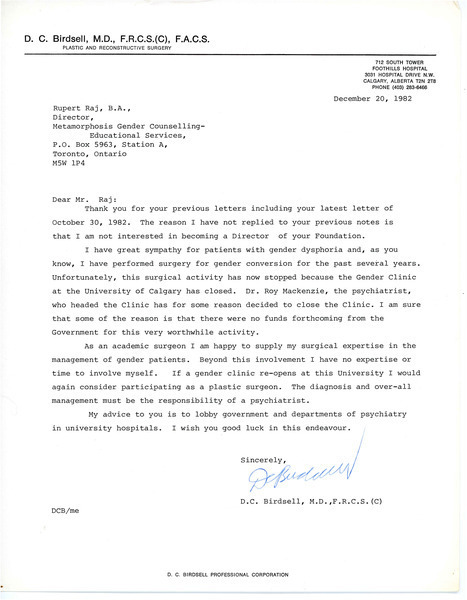Download the full-sized image of Letter from Dr. D.C. Birdsell to Rupert Raj (December 20, 1982)