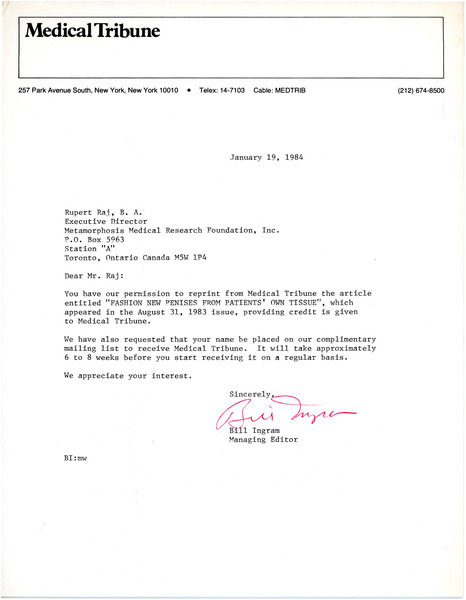 Download the full-sized image of Letter from Bill Ingram to Rupert Raj (January 19, 1984)
