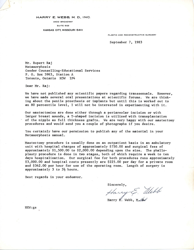 Download the full-sized PDF of Letter from Dr. Harry E. Webb to Rupert Raj (September 7, 1983)